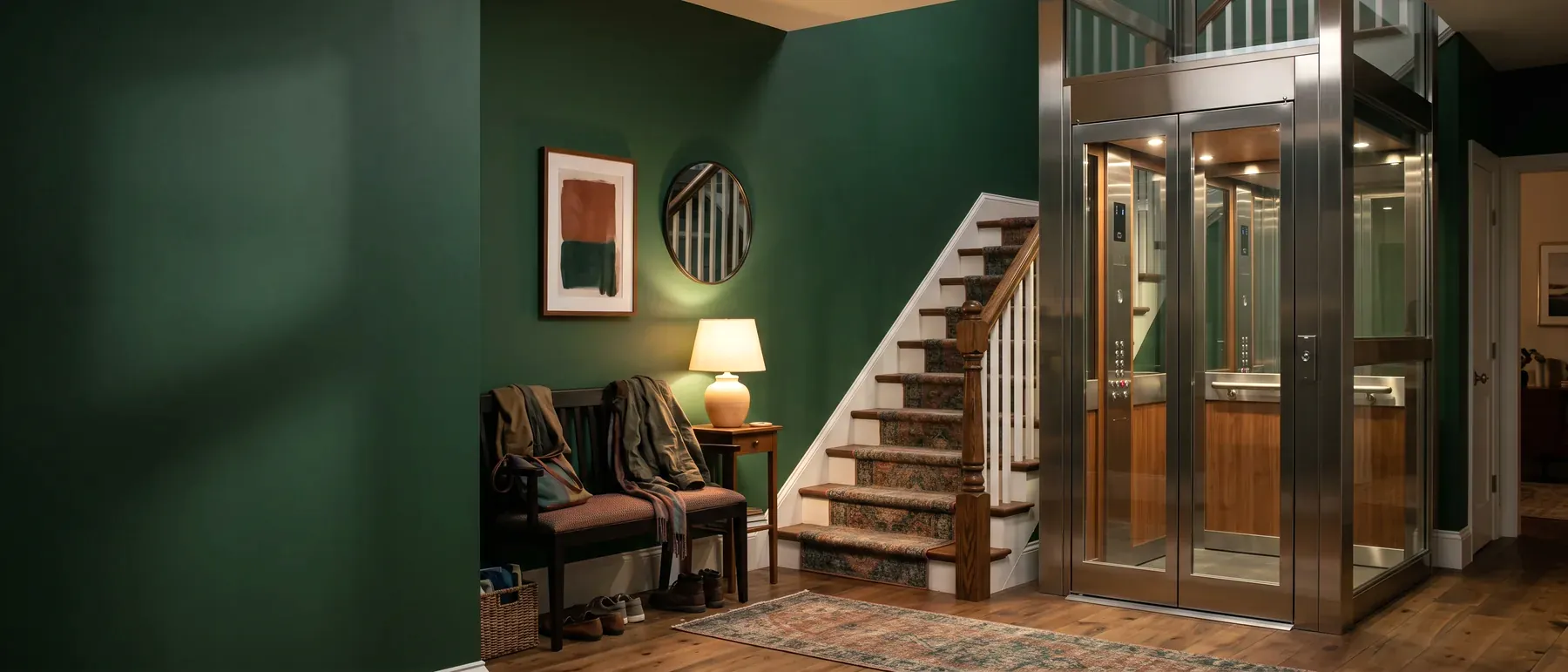 A glass and steel home elevator beside the staircase in the front hall of a family home