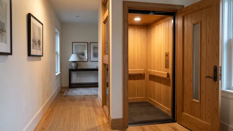 A hydraulic home elevator with an oak door open onto a wood-panelled cab in its own shaft
