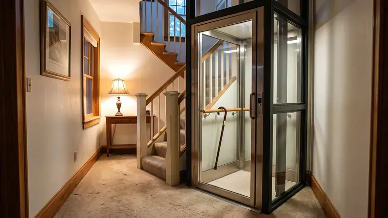 A narrow one person home elevator fitted into the corner of a small hallway beside the stairs