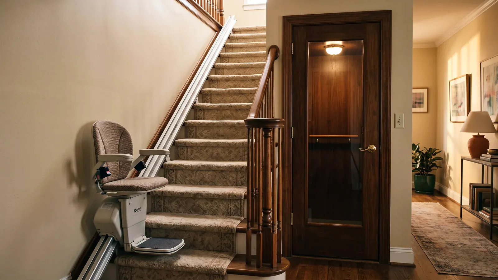 A stair lift at the foot of a staircase beside a home elevator door
