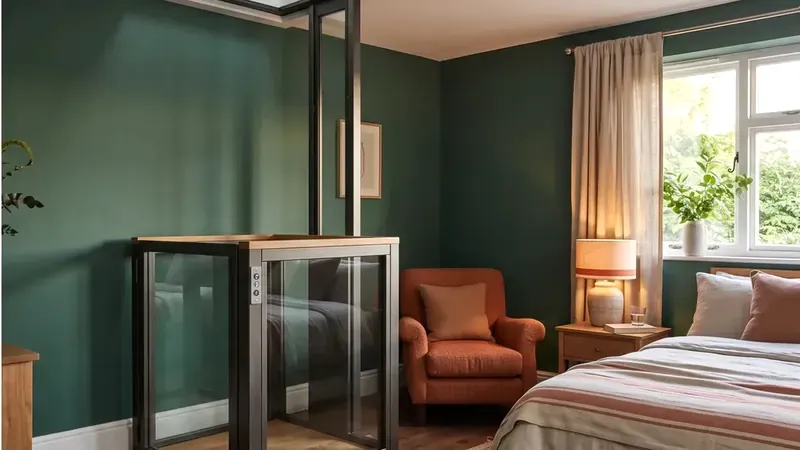 A through floor lift car in a bedroom, its roof meeting a square opening in the ceiling
